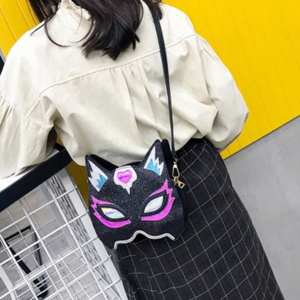 Lucha Libre Cat Mask Glitter Crossbody Handbag - Picture 5 of 8